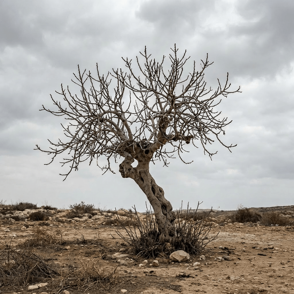 Bare tree with a wooden cross and sign reading HOLY WEEK - MARK 11:12-14.