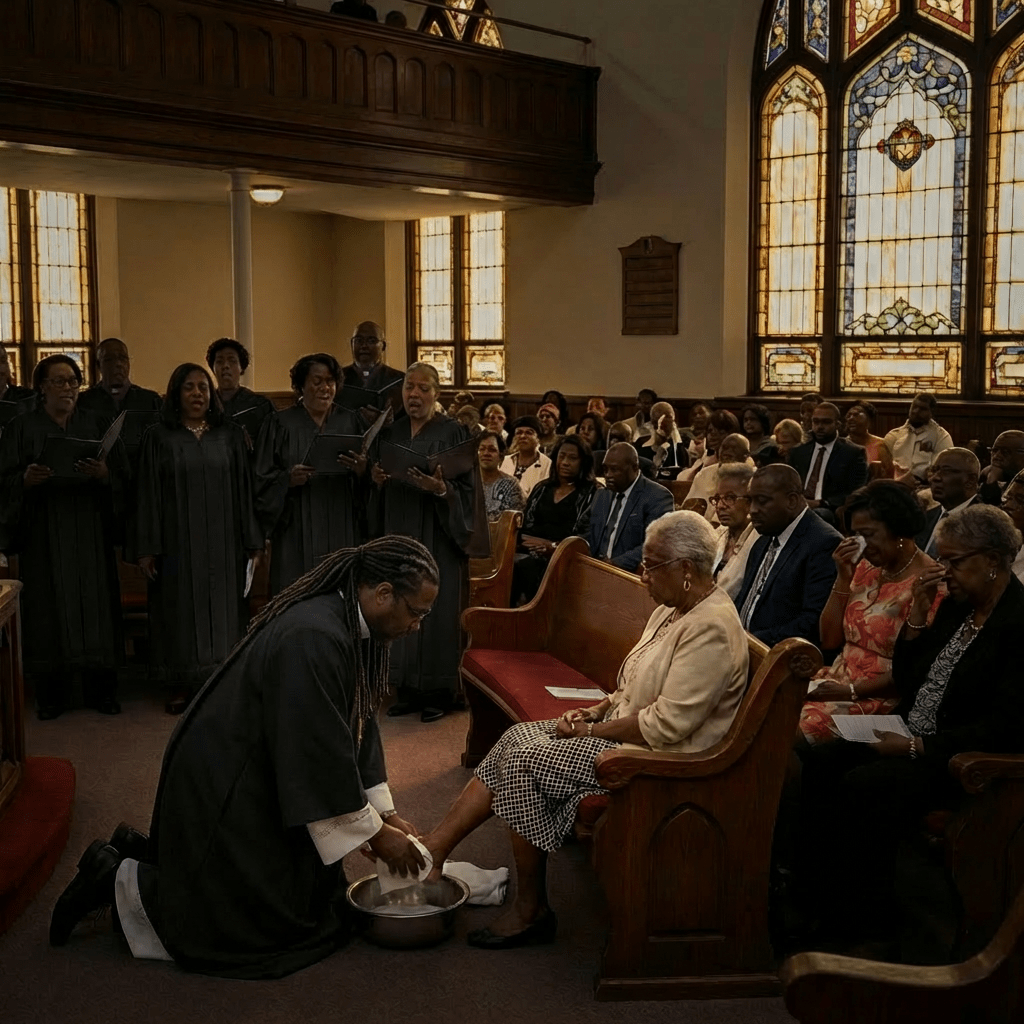 Minister washes feet during service with text MAUNDY THURSDAY: LOVE ONE ANOTHER.