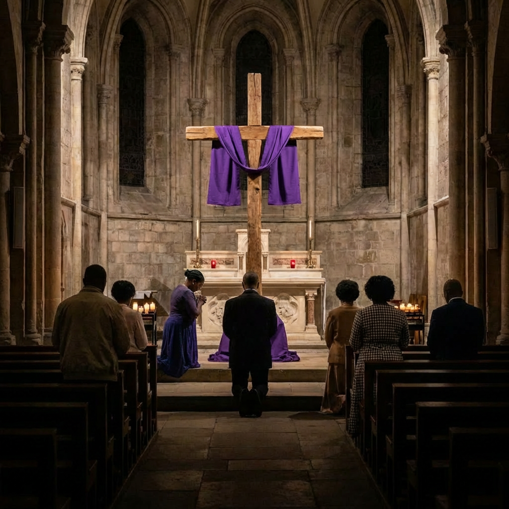 People praying in a stone cathedral before a wooden cross draped in purple cloth.