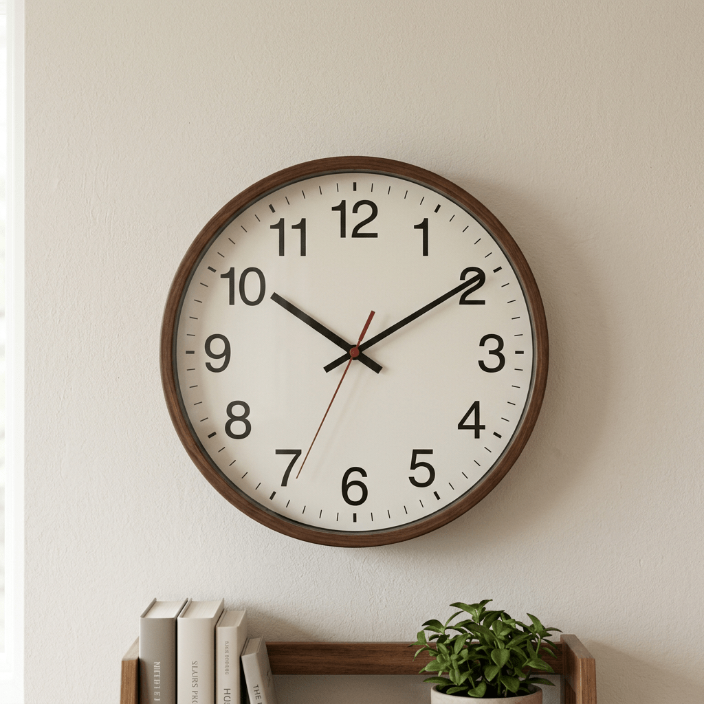 Wall clock with black numbers and hands on white face, showing 10:10:35